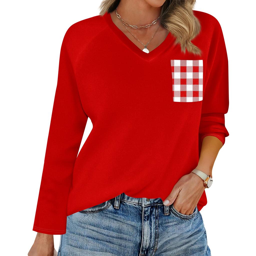 Женская футболка реглан с длинным рукавом, V-образным вырезом, вставками однотонного цвета, повседневный топ-пуловер, V-образный вырез, карман, базовая рубашка