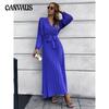 Autumn and Winter Women's Dress V-Neck Long Sleeve Pleated A-Line Dress Midi Dresses