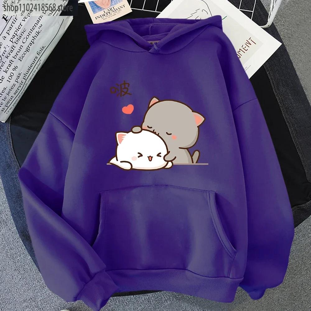 Персиковые кошачьи худи Кавайная одежда Эстетичные милые розовые топы Оверсайз толстовки с мультяшным принтом Женские теплые уличные мужские