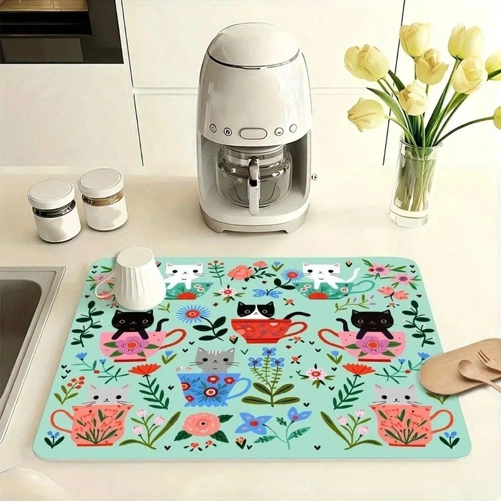 Sweet Kitchen Mat Cat Floral Dish Drying Mat Household Coffee Machine Mat Coffee Bar