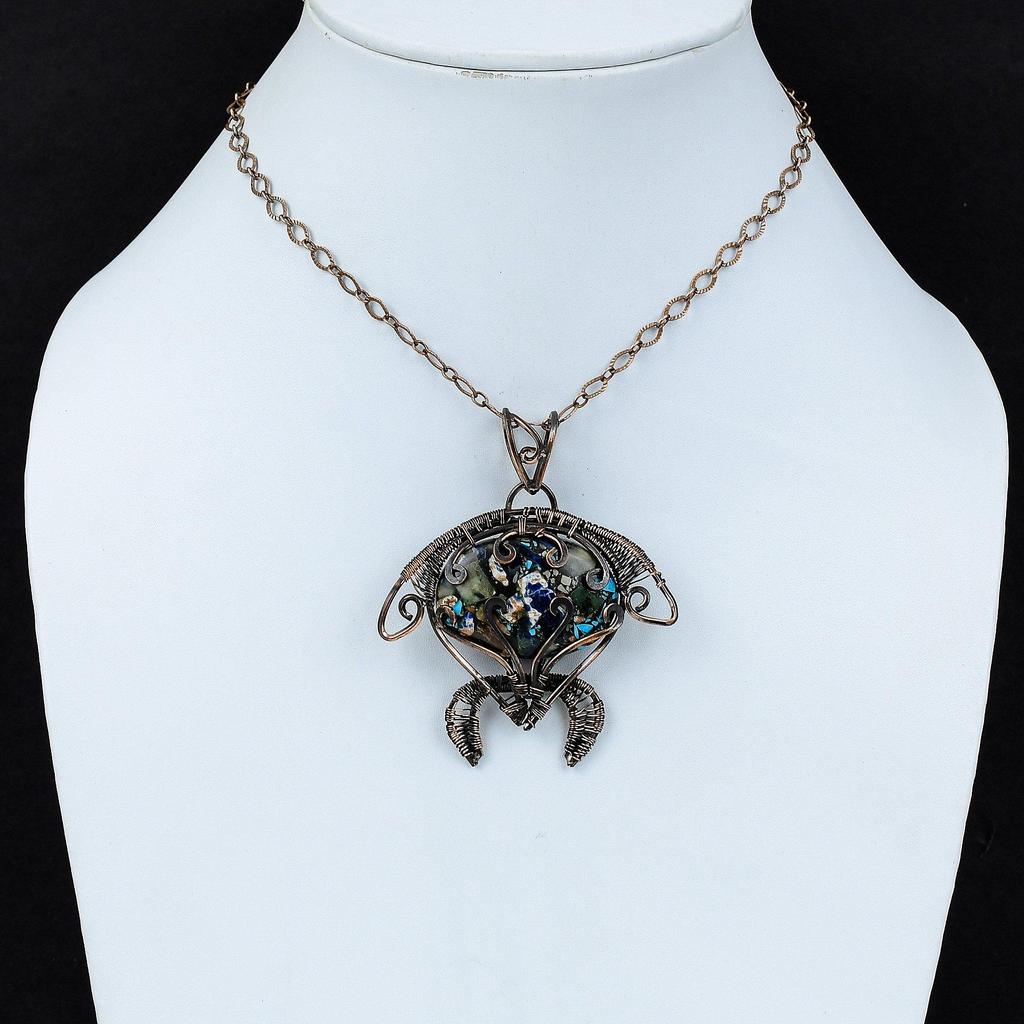 Медный кулон с мульти-бирюзой, кулон, обмотанный медной проволокой, ювелирные изделия из драгоценных камней, ручная работа, кулон в виде черепахи, украшения из медной проволоки, подарок для мамы