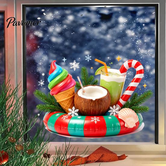Easy Apply Window Decals Christmas in July Clings, Tropical Summer Candy Cane Gift Box Clings Decal, Beach Hawaiian Xmas Party Decoration for