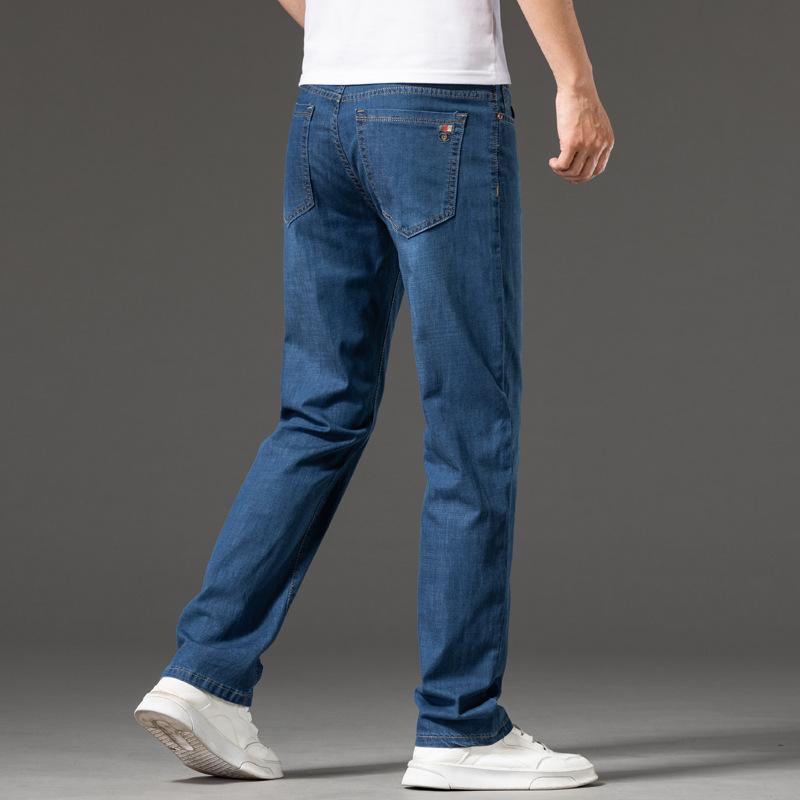 Модные мужские джинсы большого размера, летние тонкие эластичные голубые прямые свободные повседневные длинные брюки