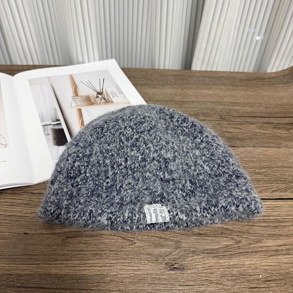 New double-layer blended wool hat with small face, cloth label warm knitted hat, simple and versatile cold hat in autumn and winter