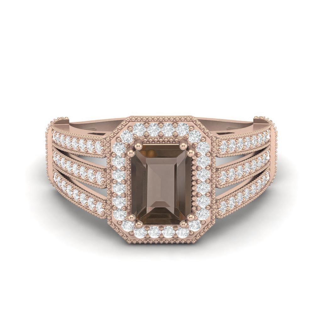 1.86 Ctw Emerald Cut Smoky Quartz 925 Sterling Silver Rose Vermeil Split Shank Halo Women Engagement Ring