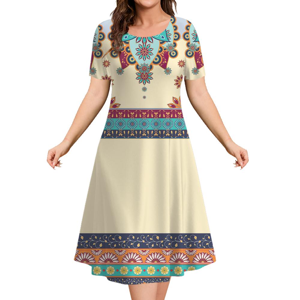 2025 Vintage Women's Dresses Printed Summer Luxury Ethnic Midi Dresses Female Short Sleeve Dress Fashion Oversized Clothes