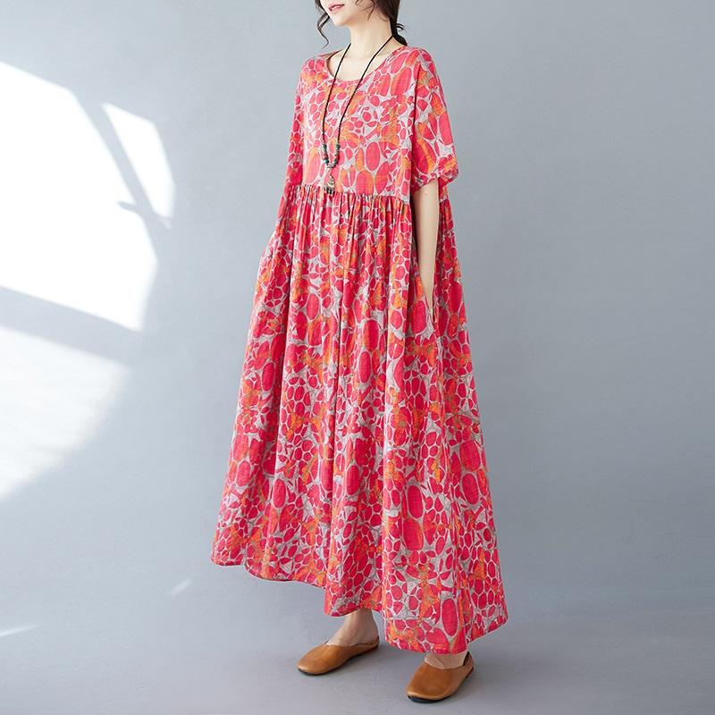 Новые платья из хлопка с короткими рукавами больших размеров и цветочным принтом для женщин, повседневные свободные длинные летние платья