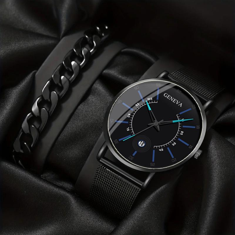 2pcs/set Fashion Men's Business Watch Mesh Strap Quartz Watch Classic Creative Calendar Wristwatch & Bracelet