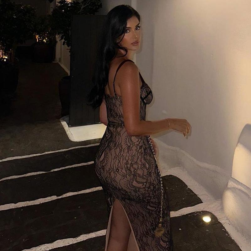 Lace Splicing Backless Halter Split Long Dresses