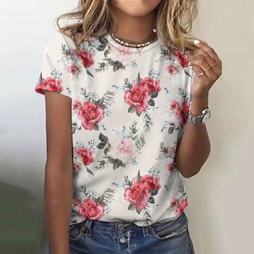Women's Summer T-shirt Flower Pattern Clothing Round Neck Loose Top Fashion Short Sleeve Women's Party T-shirt 2024 New