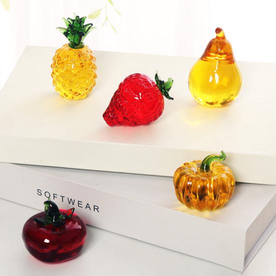 Faux Crystal Fruit Figurine Clear Glass Strawberry Pineapple Persimmon Lemon Banana Statue Sculpture Paperweight Desktop Decoration Ornament