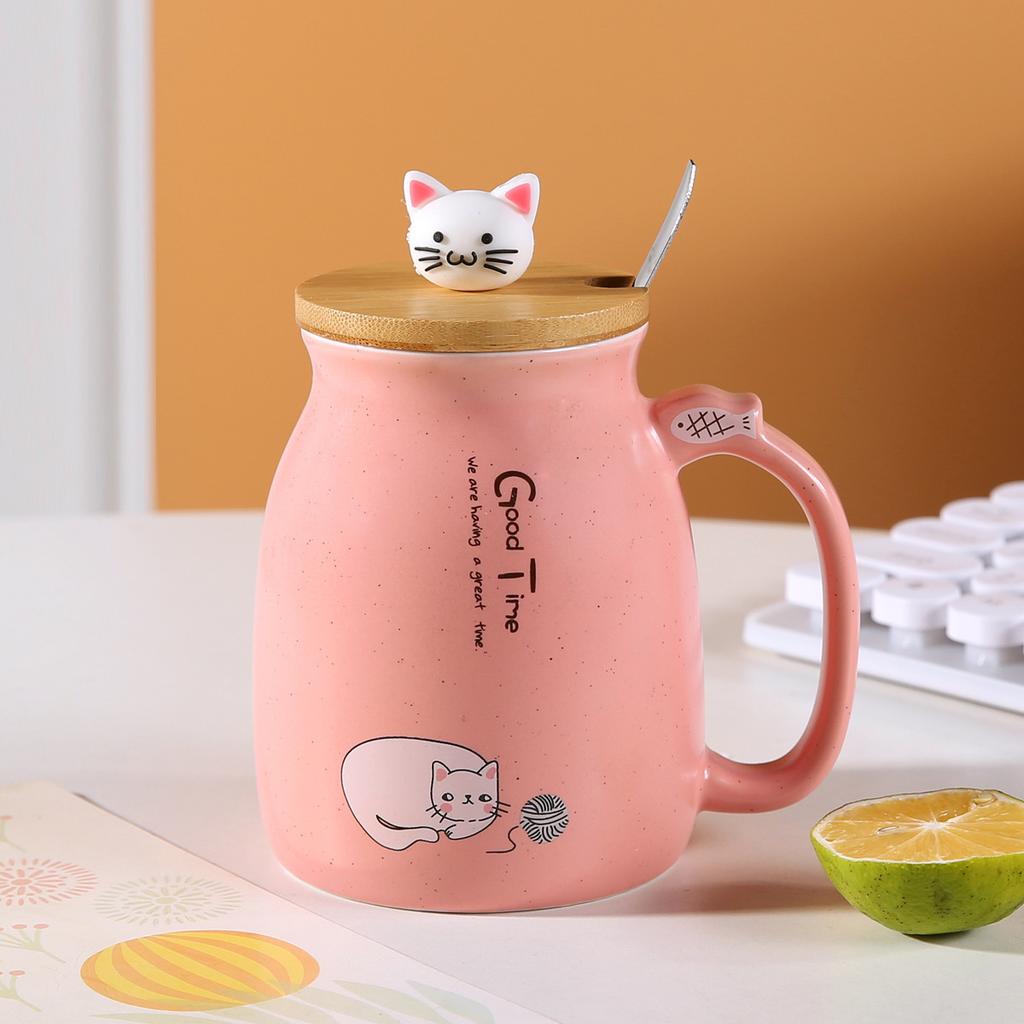 Kawaii Cute Cat Ceramic Coffee Mug with Kitty Lid And Spoon Japanese Style Tea Cup for Women Cat Lovers Novelty Gifts