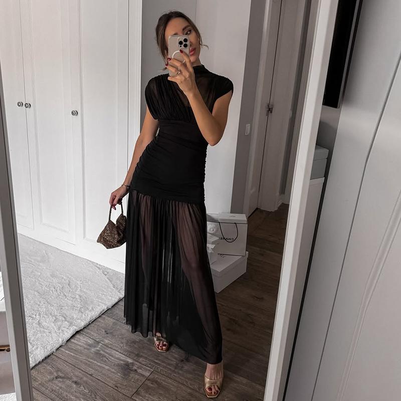 Черное сетчатое макси-платье для женщин, сексуальное платье без рукавов, прозрачное плиссированное платье для вечеринки, женская мода, облегающее длинное платье 2025