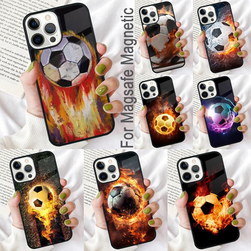 Fire Football Soccer Ball Soft Phone Case for iPhone 17 Air 16e Pro max 15 Pro 13 14 Plus 11 12 MagSafe Magnetic Coque