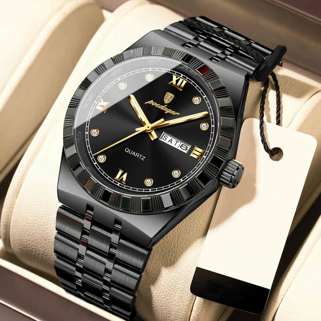 POEDAGAR Роскошные мужские часы водонепроницаемые из нержавеющей стали с люминесцентной подсветкой, мужские модные кварцевые наручные часы с указателем недели и даты