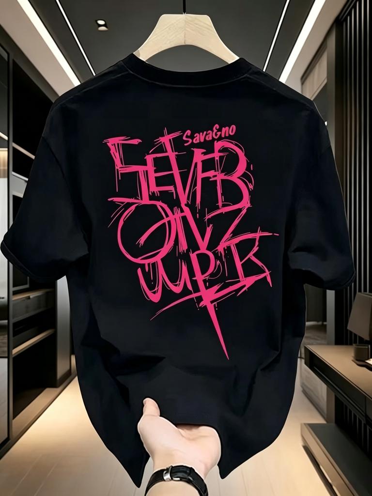 Edgy Scribble Savage Pink Letter Dual Print Oversized Tshirt Men 100 Cotton Loose Short Sleeve Y2k Daily Street Tee