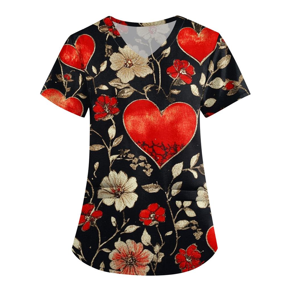 Women's Fashion V-neck Short-sleeved Work Clothes With Pockets Valentine's Day Print Top