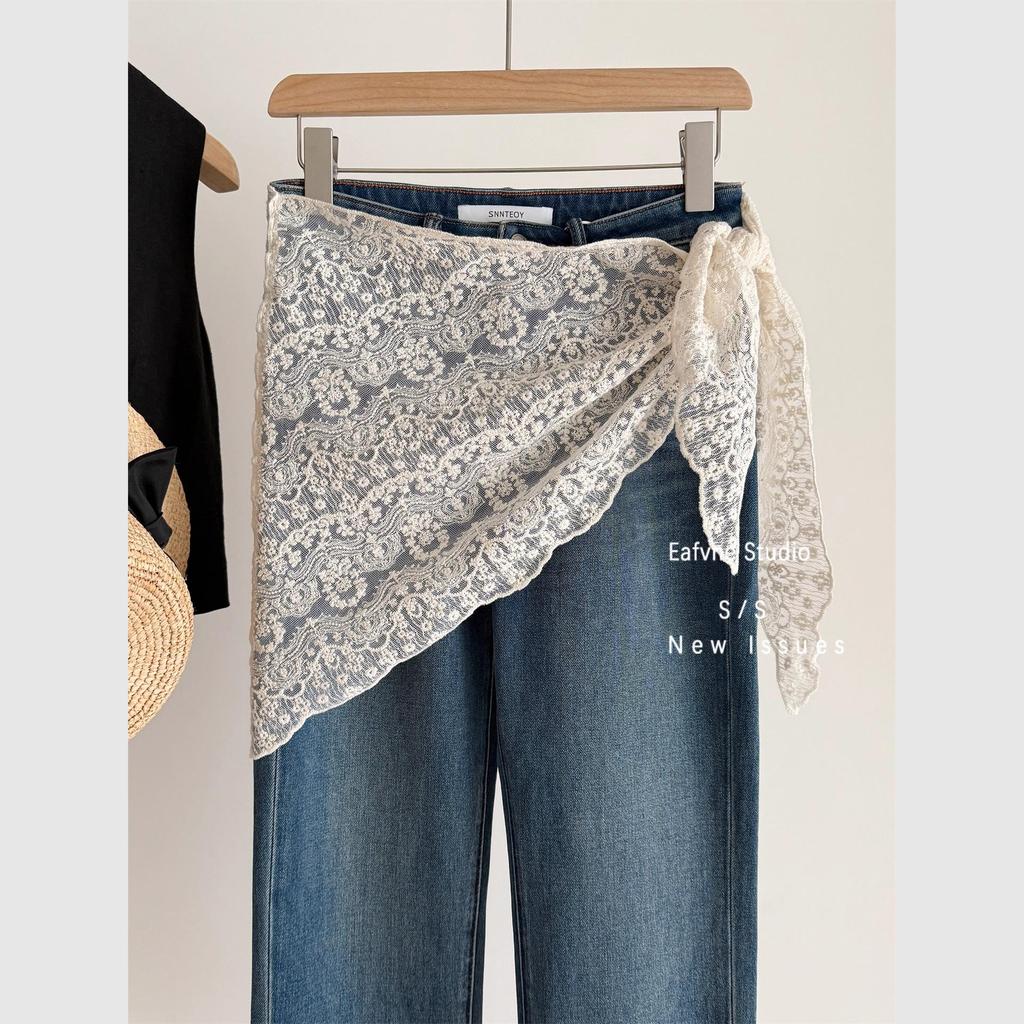 Women's Korean Beige Lace Knit Shawl - Lightweight Openwork Triangle Scarf for Summer