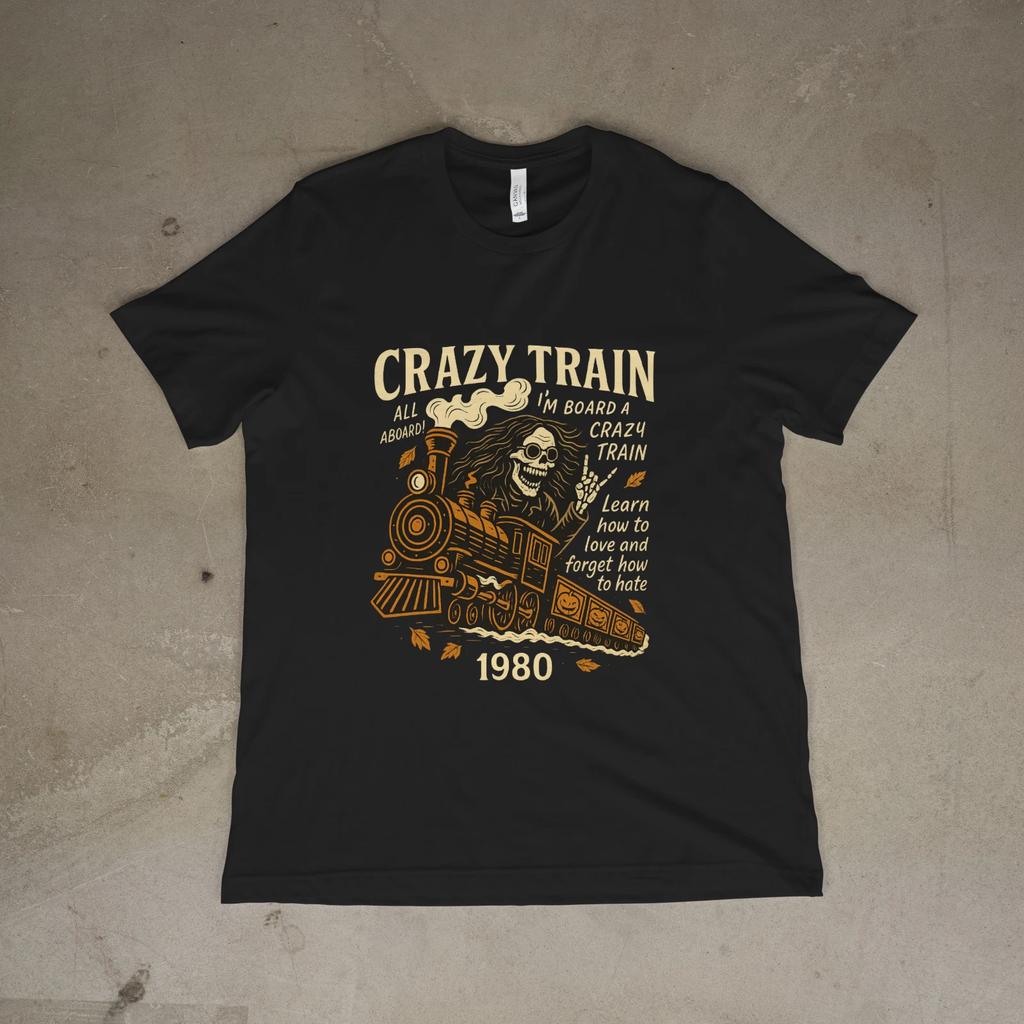 Crazy Train 1980 T-Shirt Skull Train Vintage Rock Graphic Unisex Tee