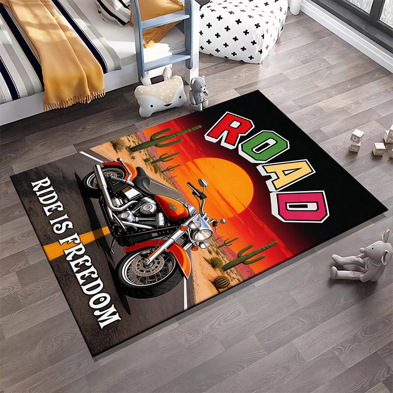 "Road Themed Carpet with Motorcycle Design - Ride is Freedom Print" Suitable for use as an anti-slip for living room bedroom sofas