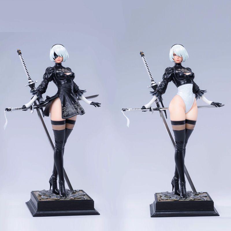 NieR Automata 2B Аниме Девушка GK Фигурка Двойная Голова Скульптура Высокий Разрез Боевой Костюм Коллекционная Статуя Настольное Украшение