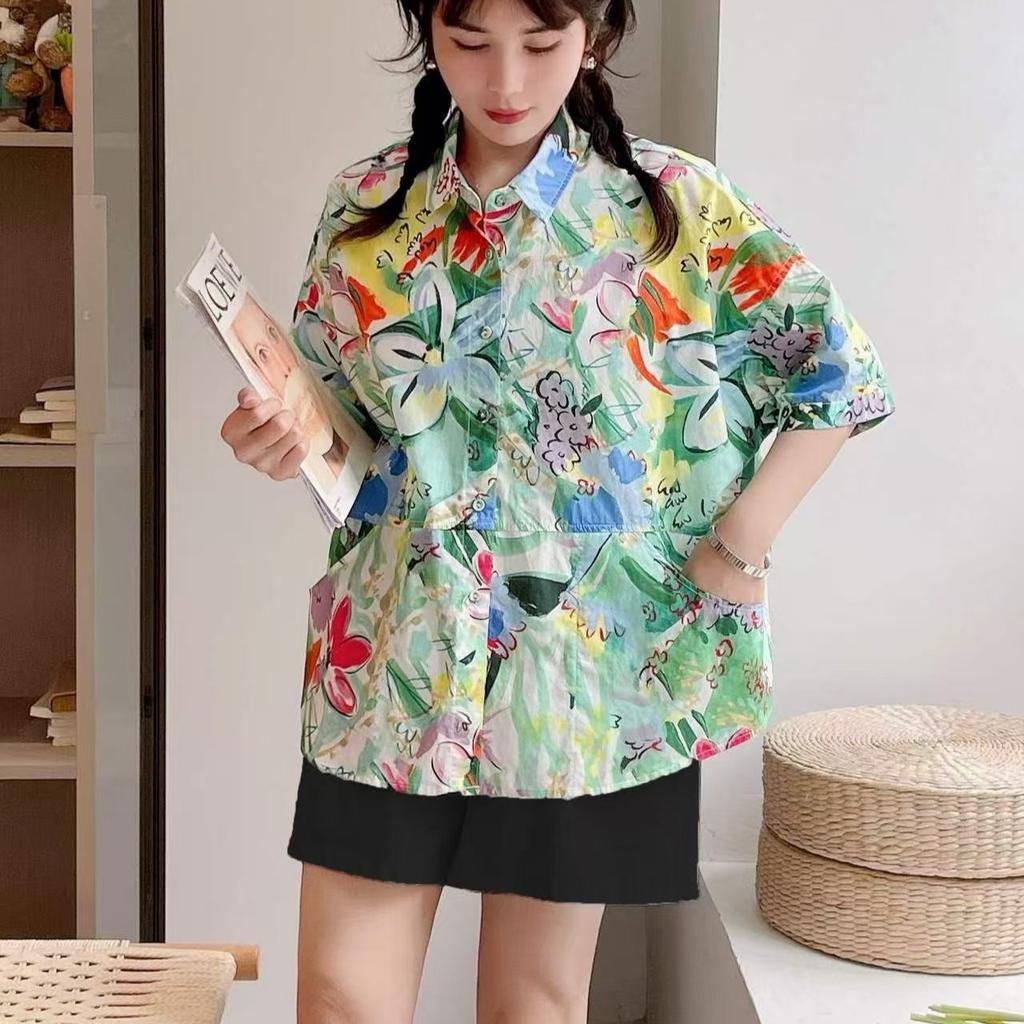 1116 summer new blouse loose shirt top cardigan literary style ins short sleeve painted literary style