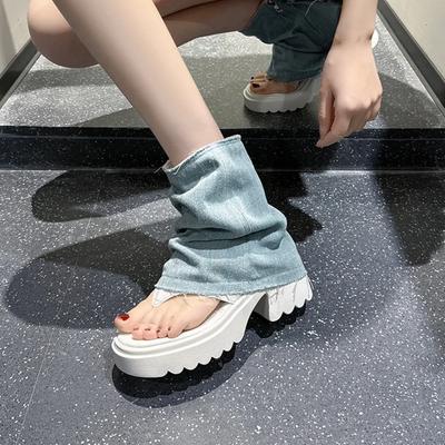 Туфли на платформе Модные женские сапоги Летние тонкие джинсовые короткие сапоги с защипнутым носком Дизайнерские классные сапоги Женские джинсовые сандалии Женская обувь