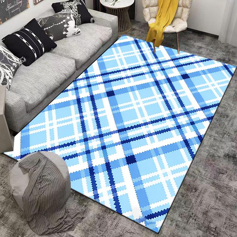 Blue and White Plaid Pattern Carpet, Modern Rectangle Area Rug. Suitable for use as an anti-slip for living room bedroom sofas