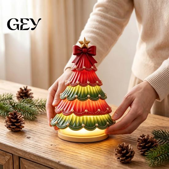 LED Tree Lamp for Home Decor Lighted Christmas Tabletop Decor, Resin Artificial Xmas Ornament Decorative Bedroom with Warm Glow, USB Powered