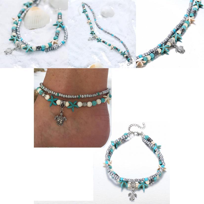 Винтажный синий браслет на ногу с ракушкой морской звезды, пляжный браслет на ногу с черепахой, отпускной браслет на ногу с рисовыми бусинами