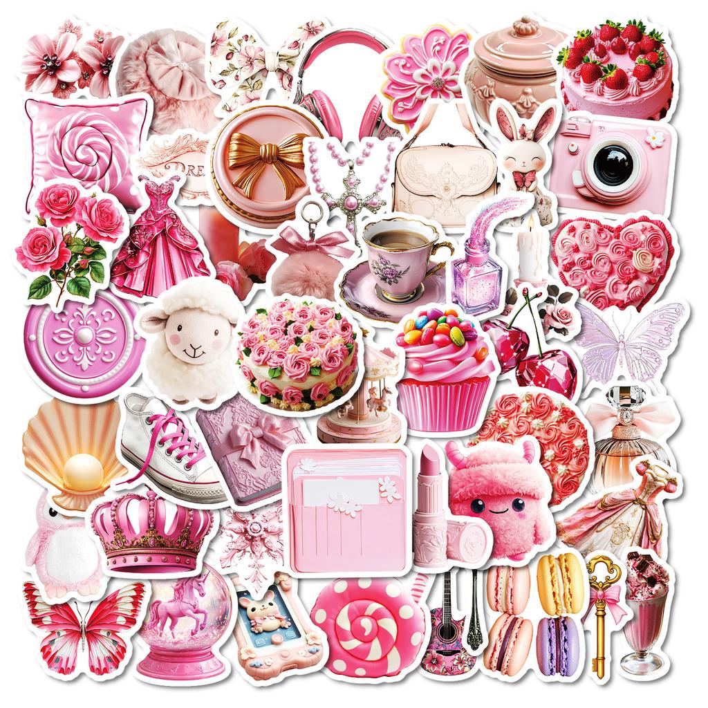50 Girl Pink Graffiti Stickers Cute Pink Camera Lipstick Flowers Do Not Repeat Waterproof Decorative Stickers