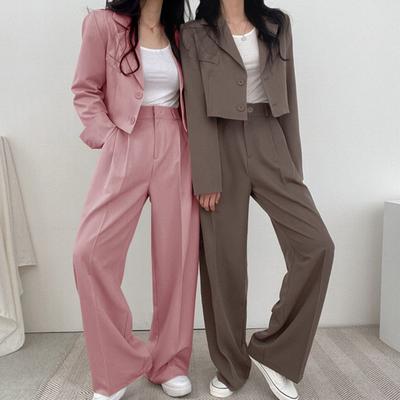 Деловые повседневные наряды для женщин, укороченные пиджаки-блейзеры, брюки с широкими штанинами, комплект-костюм, осенний комплект из 2 предметов для работы и офиса