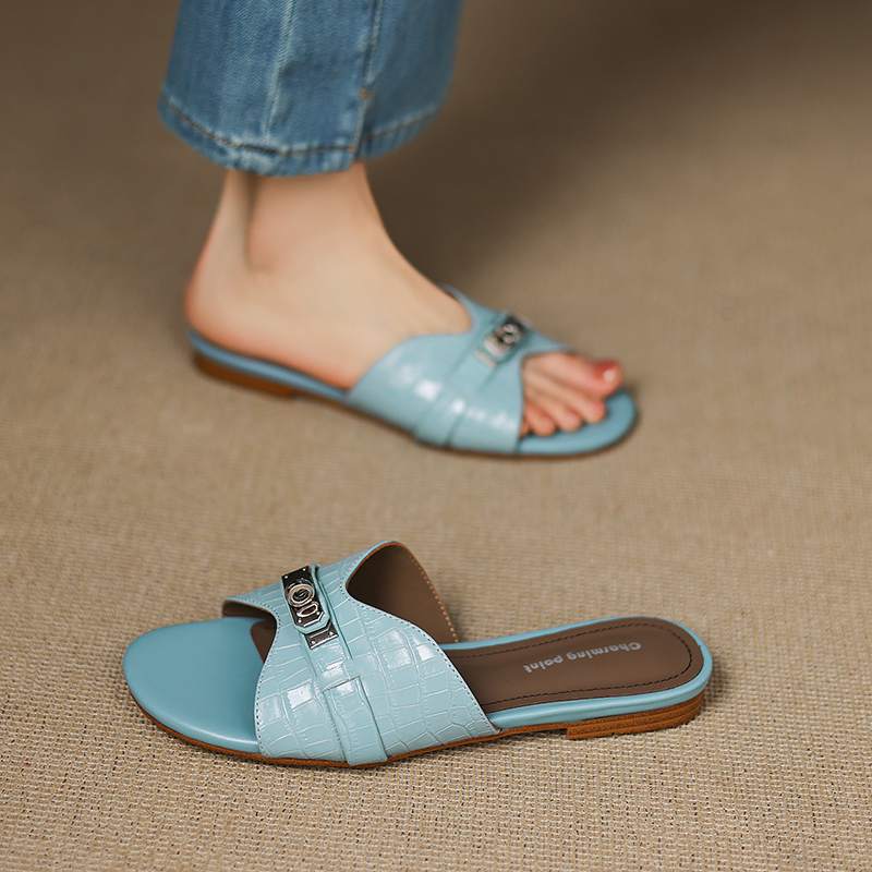 Krazing Pot Мюли из коровьей кожи, летние, размер 42, на низком каблуке, роскошные туфли с металлическими украшениями, женские, суперзвездные, женские, с открытым носком, сандалии без застежек