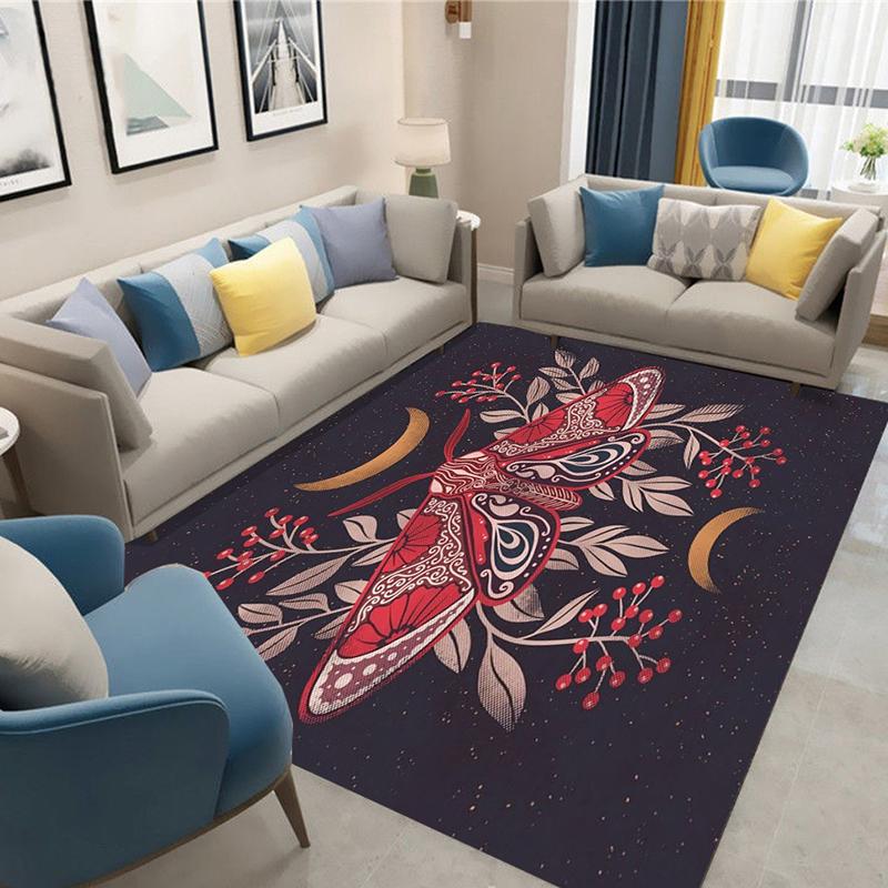 Mystic Green Luna Moth Rug Celestial Moon Star Botanical Floral Print Non-Slip Floor Carpet Boho Gothic Nature Home Decor Rug