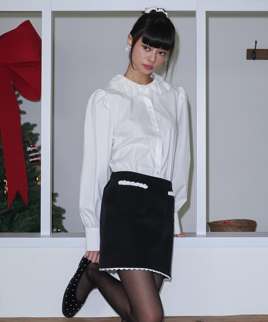 Opening Sunshine Lace-Trimmed Velvet Mini Skirt_Black