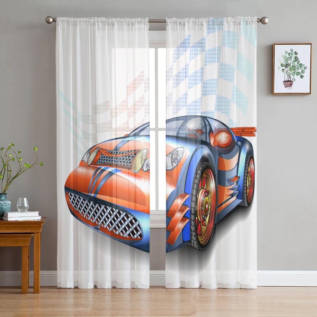 Синий гоночный автомобиль Вид Тюль Шторы для гостиной Печать Прозрачная вуаль Шторы для спальни Оконные экраны Шторы Жалюзи Домашний декор