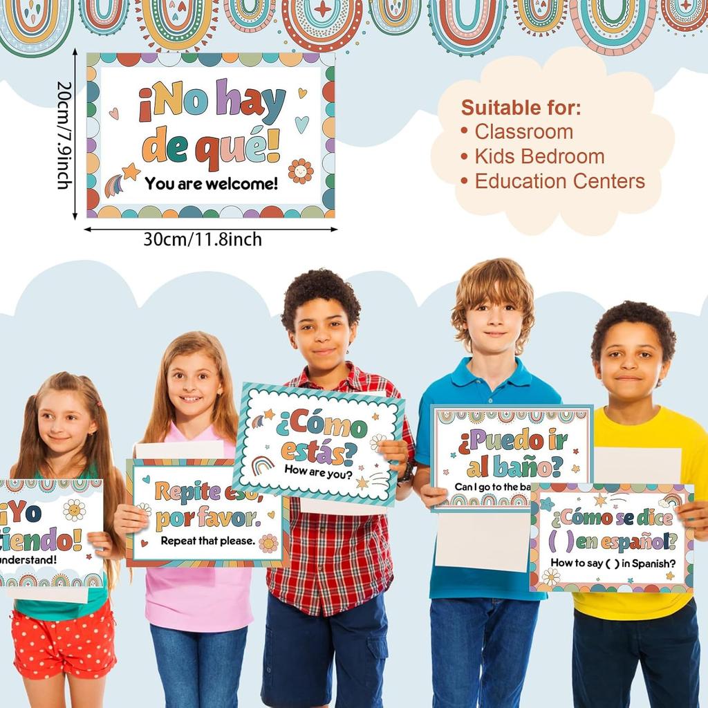 Pajean 20 Pcs Spanish Posters Spanish Phrases Classroom Decorations Boho Spanish English Bulletin Board Bilingual Educational Posters Language Study