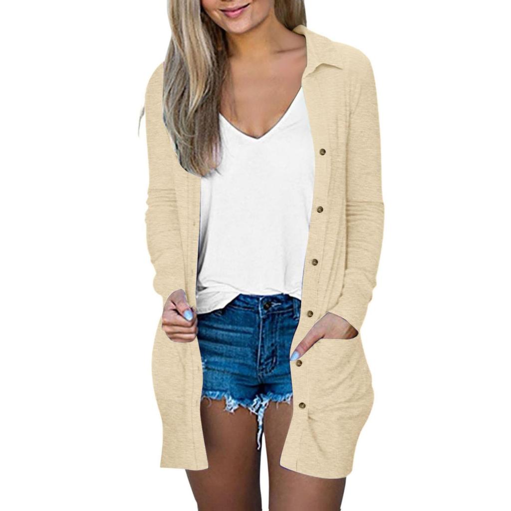 Women's Fashion Cardigan Lightweight Long Sleeve Button Loose With Pocket Solid Color Jacket