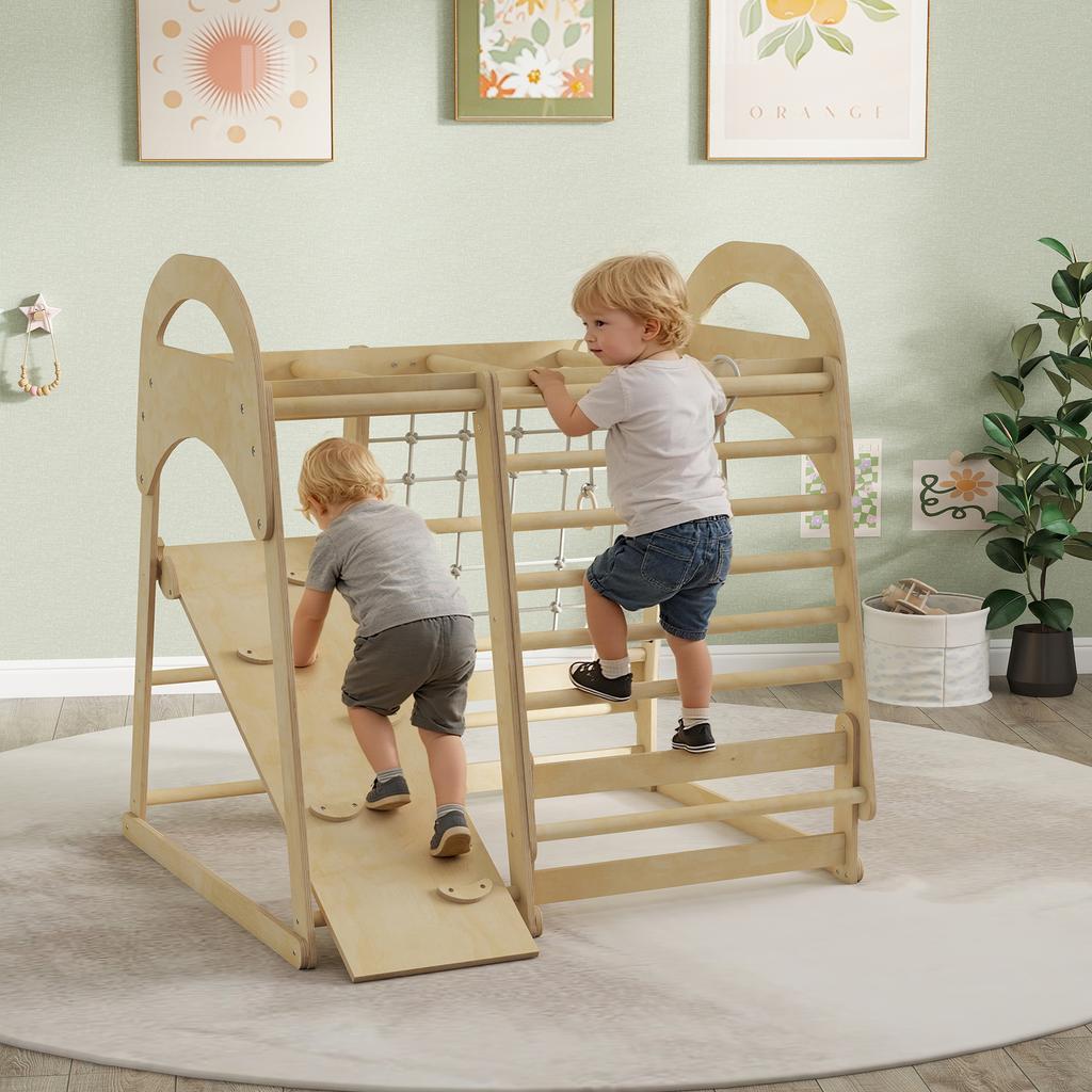 6 in 1 Kids Climbing Frame with Slide, Monkey Bars, Gymnastics Rings, Ladder, Climbing Net, for 3-6 Years, Natural Tone