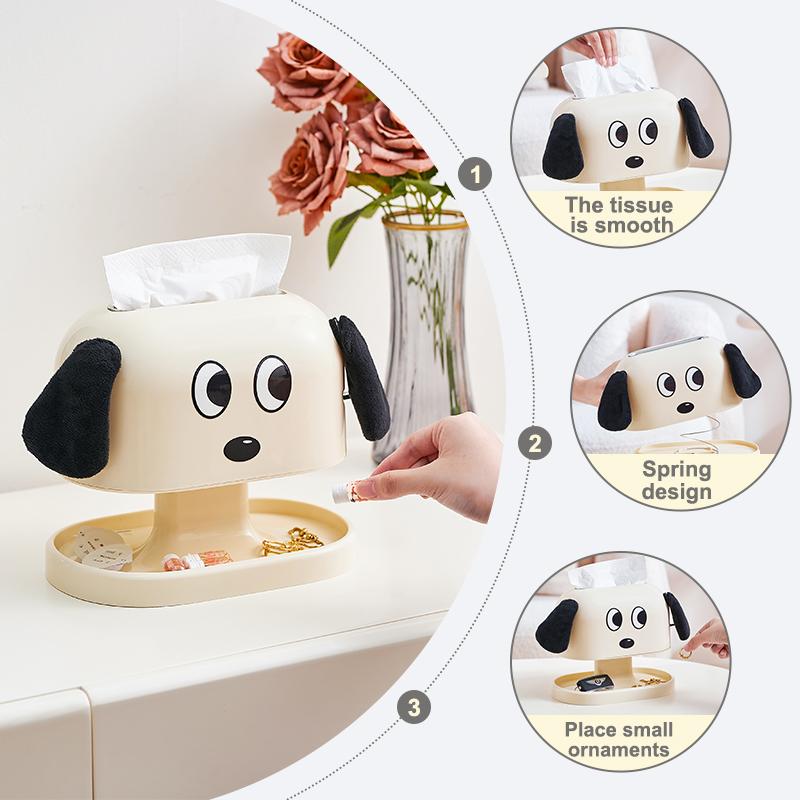 UFORU Cute Dog Tissue Box Holder with Spring, Smooth Pull Tissue Dispenser, Multifunctional Tissue Organizer