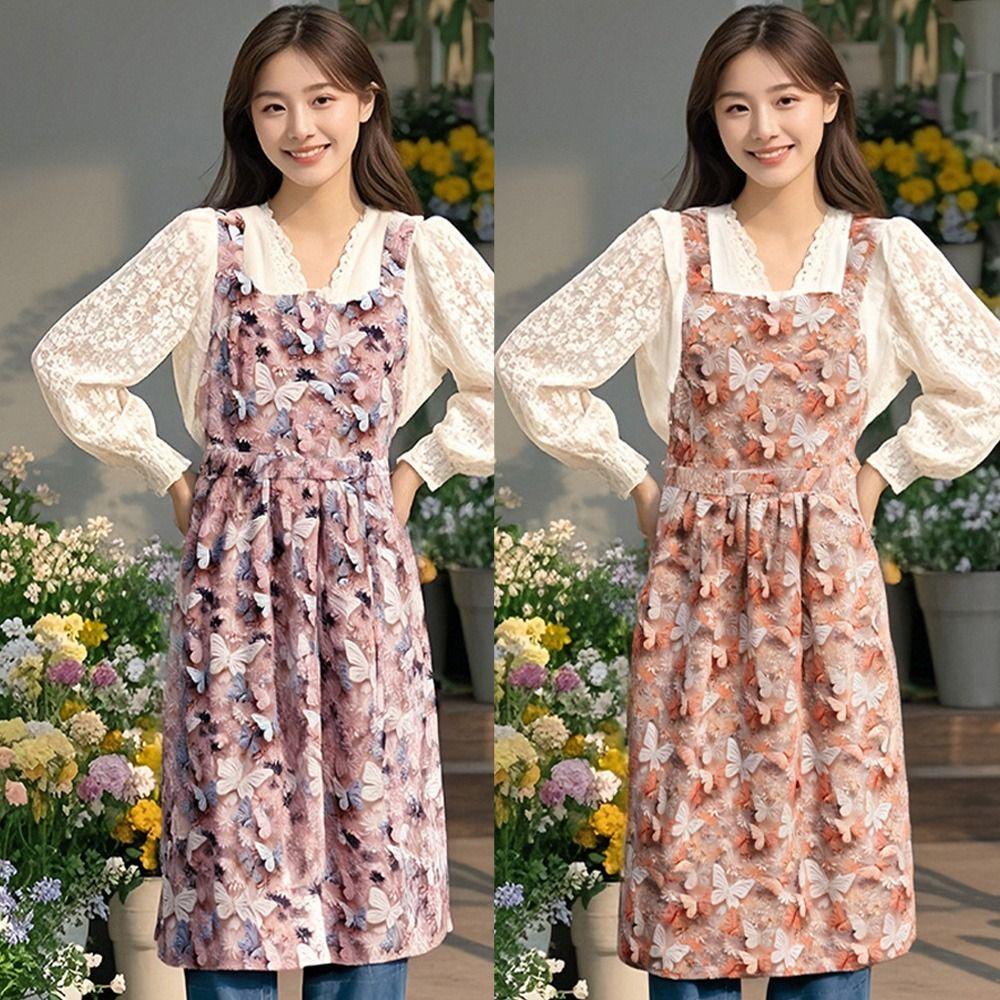 Фартук ручной работы с узором бабочки, сказочный стиль, винтажный фартук, фартук с оборкой, салон красоты