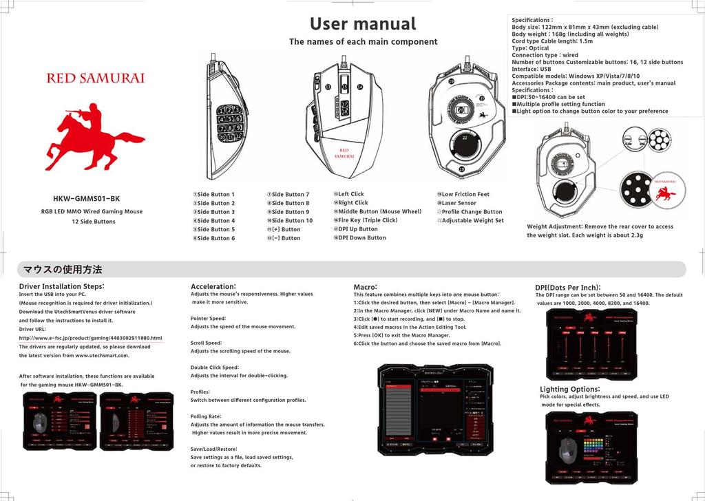Игровая мышь RED SAMURAI Проводная мышь 16400 точек на дюйм 1000 Гц 18 кнопок программирования Боковые кнопки Регулировка веса Удобный захват Подсветка Настройка программы