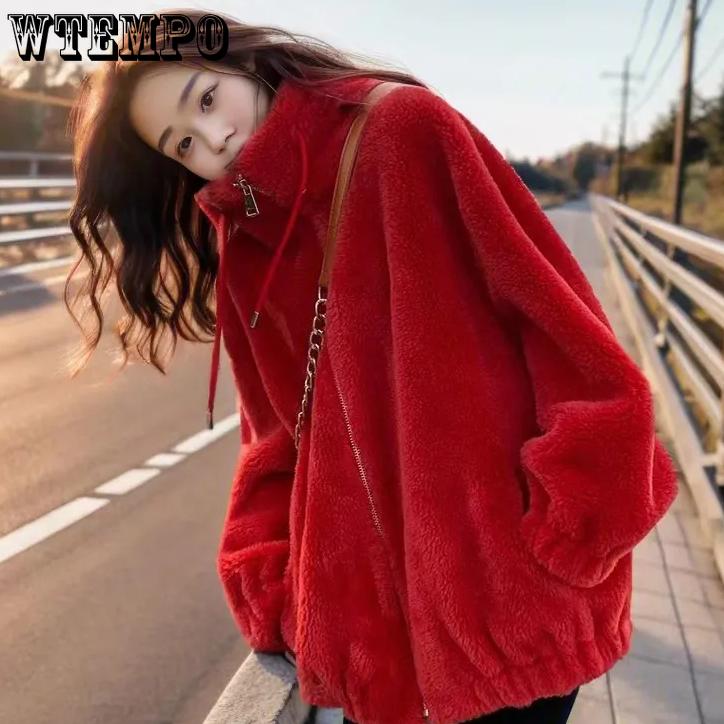 WTEMPO Рождественское красное пальто из ягненка, женские зимние пальто из искусственного меха, утолщенные флисовые пальто, ветрозащитные, утепленные куртки на молнии