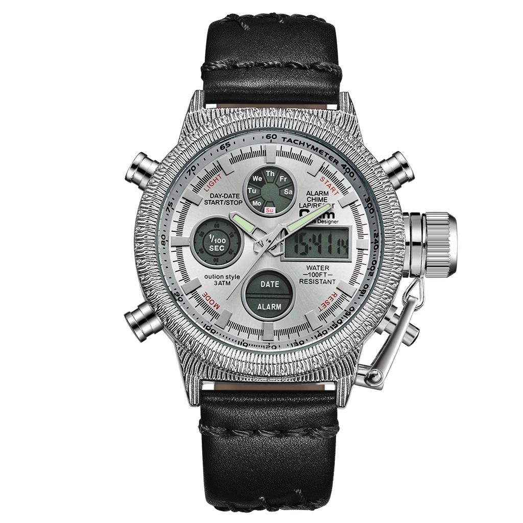 Oulm Многофункциональные электронные мужские часы для отдыха, модные кварцевые мужские часы из натуральной кожи с подсветкой