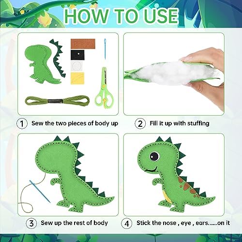 Kids Sewing Kit 14 Pieces Dinosaur Felt Craft Set, DIY Beginner Sewing Kit with Stuffing Yarn Scissors, Educational Creative Art Gift for Boys Girls