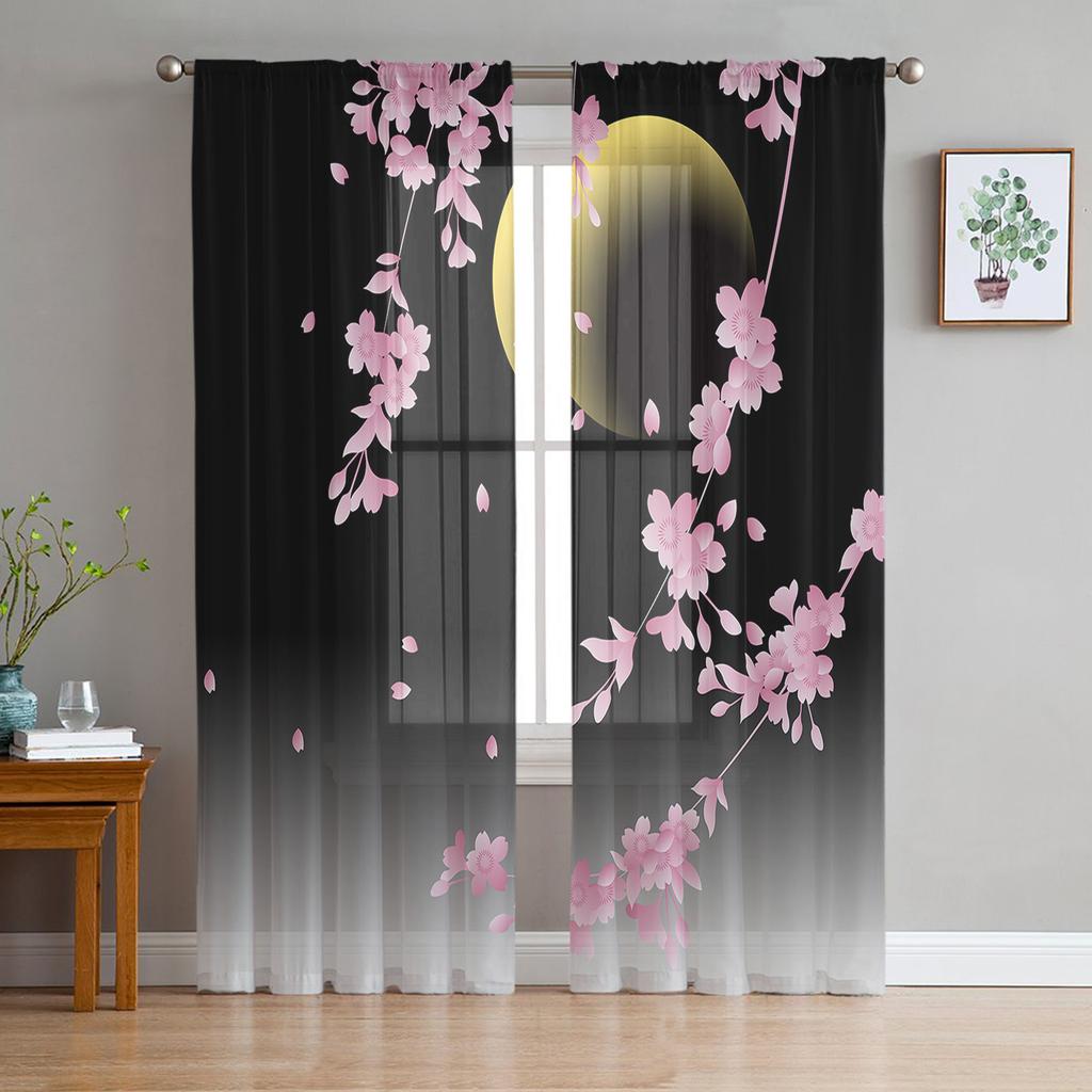 Japanese Cherry Blossom Moon Minimalist Sheer Curtains For Living Room Bedroom Kitchen Tulle Curtain For Windows Voile Drapes