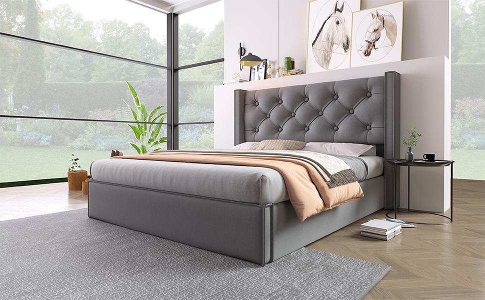 Hydraulic double bed upholstered bed 140x200cm, bed with slatted frame made of metal frame, modern bed frame with storage, cotton, grey