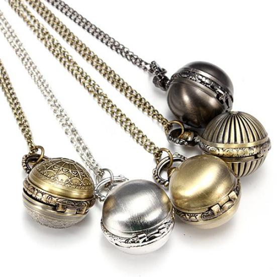 Retro Ball Metal Steampunk Quartz Necklace Pendant Chain Small Pocket Watch