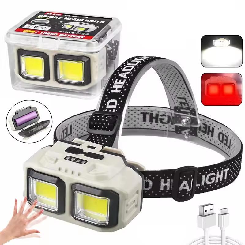 Мощный индукционный COB LED налобный фонарь, перезаряжаемый через USB, рабочий свет для улицы, кемпинга, поисковый свет, налобный фонарь для рыбалки