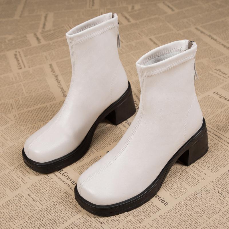 Мода 2024 Зима Новая модная верхняя одежда женские модные ботинки однотонные с молнией сзади толстые высокие каблуки голые ботинки для женщин
